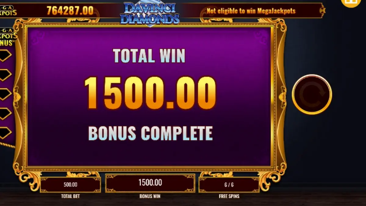 Tampilan visual slot Mega Jackpot DaVinci Diamonds dengan elemen seni Renaisans dan berlian.